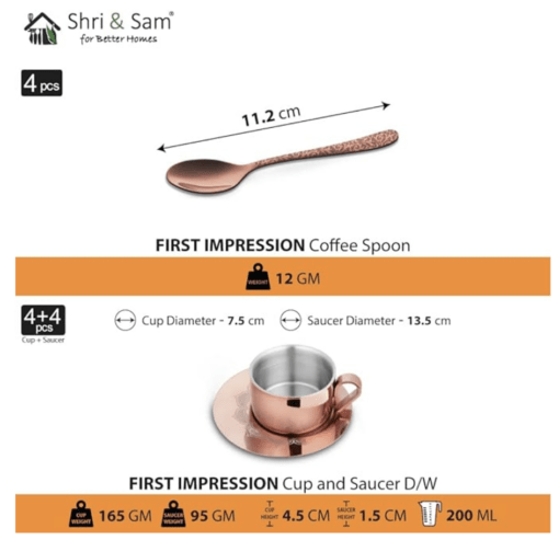 Shri & Sam Stainless Steel with Rose Gold PVD Coating (Laser) 4 Pieces First Impression Double Wall Cup and Saucer Set - Image 3